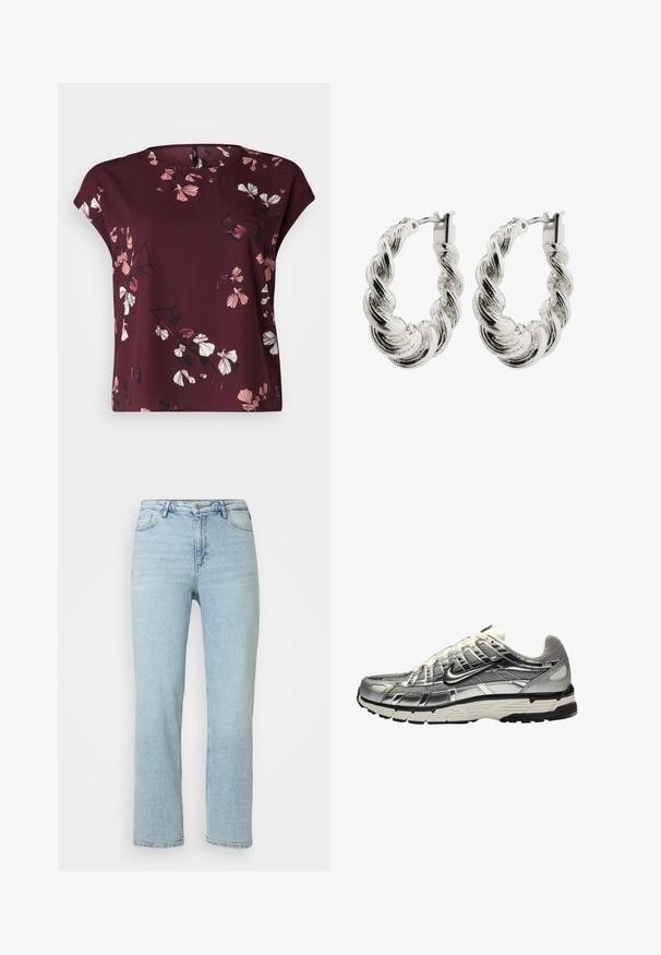 Vero Moda Curve VMNEWHALLIE NEW - Tricou cu imprimeu - winetasting; Jeans din denim drept, de culoare albastru deschis, cu închidere frontală cu buton și fermoar, bucle pentru curea și design clasic cu cinci buzunare.; Încălțăminte sportivă argintie și neagră, cu un superior din plasă și material sintetic, design voluminos și finisaj texturat. Dispune de un guler captusit și talpă din cauciuc.; Cercei din argint răsuciți cu o finisare lucioasă, având o textură împletită și un sistem de închidere sigur.