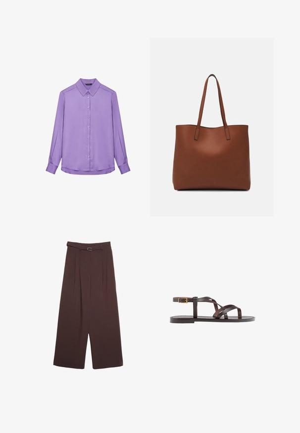 Calliope Camicia - lavanda; Stradivarius WIDE-LEG WITH BUCKLE DETAIL - Pantaloni - dark brown; Sandal in pelle marrone con cinturini incrociati, chiusura con cinturino alla caviglia e suola piatta con dettagli di cucitura minimi.; Borsa tote in pelle marrone con texture liscia, design con apertura superiore e due spallacci. Presenta cuciture minime e nessun hardware visibile.