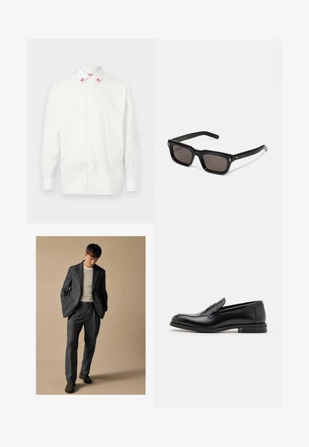 Biała koszula zapinana na guziki, wykonana z bawełny, z klasycznym kołnierzykiem. Posiada czerwone akcenty na końcach kołnierza oraz prosty design. Gładka tekstura.; Szary dobrze dopasowany garnitur z klapami w kształcie notcha i przednimi kieszeniami, zestawiony z koszulą w paski. Spodnie mają luźny krój i detal w postaci zakładki. Brązowe buty.; Czarne skórzane mokasyny o gładkiej fakturze, zaokrąglonym nosku i dekoracyjnym pasku na przodzie. Niski, warstwowy obcas, minimalistyczny design.; Czarne prostokątne okulary przeciwsłoneczne z ciemnymi soczewkami, grubą plastikową oprawą, złotymi akcentami na zausznikach oraz wygrawerowanym logo marki na ramieniu.