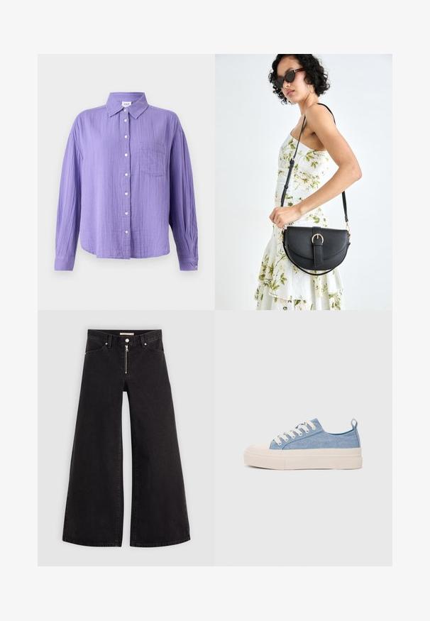 Camisa roxa de botão, feita de tecido texturizado, com colarinho, mangas compridas e um único bolso no peito.; Calças de ganga de perna larga em denim preto com fecho éclair à frente, design de cinco bolsos e detalhes de costura subtil. Textura suave e estilo casual.; Ténis de lona azul claro com uma biqueira e sola de borracha creme, apresentando atacadores brancos e uma alça na parte de trás.; Bolsa de couro preta com forma curva, alça destacável e detalhes em dourado. A bolsa possui uma aba com detalhe de fivela.