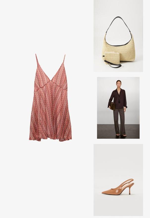 Massimo Dutti OPEN COLLAR LONG SLEEVE - Overhemdblouse - mottled bordeaux; Lichtgewicht, rode en roze gestipte jurk met verstelbare spaghettibandjes, een V-halslijn en een losse, flowy sluiting.; Puntige slingback hak in een glad, glanzend beige materiaal. Bevat een gebogen uitsnijdontwerp en een slanke stiletto hak. Zilveren gesp detail.; Geweven strohandtas met een gebogen silhouet, voorzien van een soepele zwarte leren schouderband en een bijpassend klein zakje dat is bevestigd met een polsband.