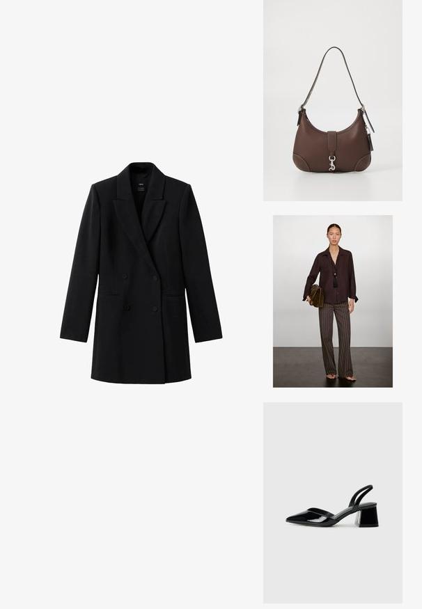 Massimo Dutti OPEN COLLAR LONG SLEEVE - Košilová halenka - mottled bordeaux; Černý dvojřadý blazer vyrobený z texturované tkaniny. Má klopový límec, dlouhé rukávy a dvě přední kapsy. Minimalistický design.; Černé lakované kožené lodičky na pásku s špičatou špičkou a geometrickým blokovým podpatkem. Vyznačují se elegantním, minimalistickým designem a hladkým povrchem.; Hnědá kožená kabelka zaobleného tvaru, se stříbrnými doplňky a dekorativním prošíváním. Disponuje popruhem na rameno a zapínáním na klips.