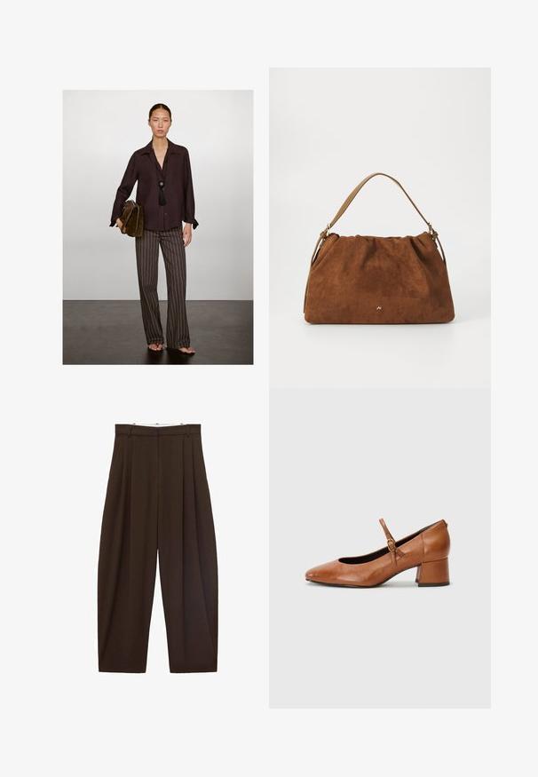 Massimo Dutti OPEN COLLAR LONG SLEEVE - Overhemdblouse - mottled bordeaux; Bruine high-waisted broek met plooien, gemaakt van soepel materiaal. Loose fit, rechte pijpen, met riemlussen en een ritsluiting.; Tamaris Klassieke pumps - cognac; Bruine suède handtas met een geplooid ontwerp, voorzien van een enkele tan kleur leren schouderband en een subtiele gouden logo-detail aan de voorkant.