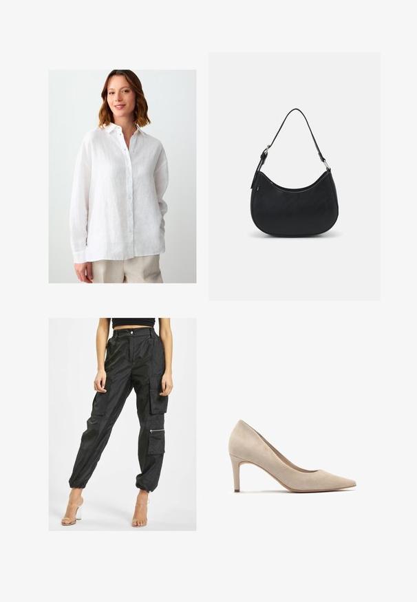 Witte linnen blouse met een knoopsluiting aan de voorkant, kraag en lange mouwen. Heeft een gestructureerde afwerking en een comfortabele pasvorm.; Zwarte cargo broeken van lichtgewicht stof hebben meerdere zakken, elastische boorden en een ritszak aan de zijkant voor extra functionaliteit.; Beige suède high-heel pump met een spitse neus en een hak van 7 cm. Soepele textuur, minimalistisch design en een naadloze Silhouet.; Zwarte hobo tas van soepel leer met een gebogen silhouet, voorzien van een enkele verstelbare schouderriem en minimalistische ontwerpdetails.