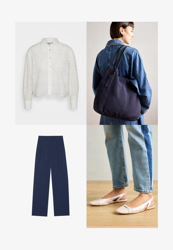 White cotton blouse with a scalloped hem, point collar, long sleeves, and eyelet embroidery featuring circular and paisley patterns.; Navy blue wide-leg pants made of soft fabric, featuring front pleats, a smooth texture, and a straight fit with no visible pockets.; Pale pink slingback flats with a pointed toe, made from a smooth leather-like material. Features cut-out details at the sides and a flat heel.; Navy canvas shoulder bag with a soft, structured shape, featuring a black strap, stitched detailing, and a small brand tag.