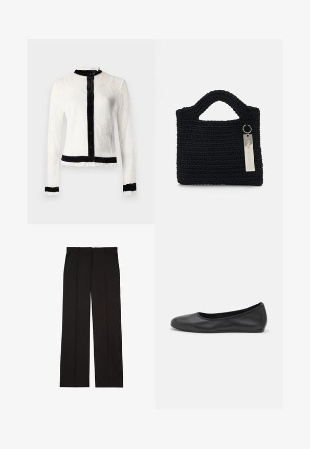 Balta mežģīņu blūze ar garām piedurknēm, melna samta apkakle un pogu slēgšana; ar viļņveida malām un vienkrāsainu melnu jostu.; Melna bezpaudze topiņa ar sakārtotu audumu, sānu savilkumu un pagarinātu fringu, ar gludu tekstūru un pieguļošu siluetu.; Melni gludā auduma pielāgoti bikses ar taisnu kāju piegriezumu un divām sānu kabatām. Eleganta un minimālistiska uzbūve.; Melna ādas baleta kurpe ar noapaļotu purngalu, gludu tekstūru, minimālu šuvju detalizāciju un elastīgu zoles dizainu.; Won Hundred MARSIELLE COMPUTER BAG UNISEX - Klēpjdatora soma - black