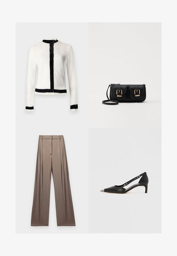 Witte kanten blouse met lange mouwen en zwarte fluwelen kraag en knoopsluiting; heeft ruches aan de randen en een effen zwarte tailleband.; Wijduitlopende broeken in een gedempt taupe kleur, gemaakt van een gladde stof met een satijnen afwerking. Heeft een op maat gemaakte tailleband en subtiele plooien.; Zwart leren kittenhak met puntige zilveren neus en dubbele gespsluitingen op een witte achtergrond.; Zwarte leren schoudertas met twee vo pockets, gouden gespen, ritsluiting en een smalle band. Tekstuur oppervlak en compacte rechthoekige vorm.