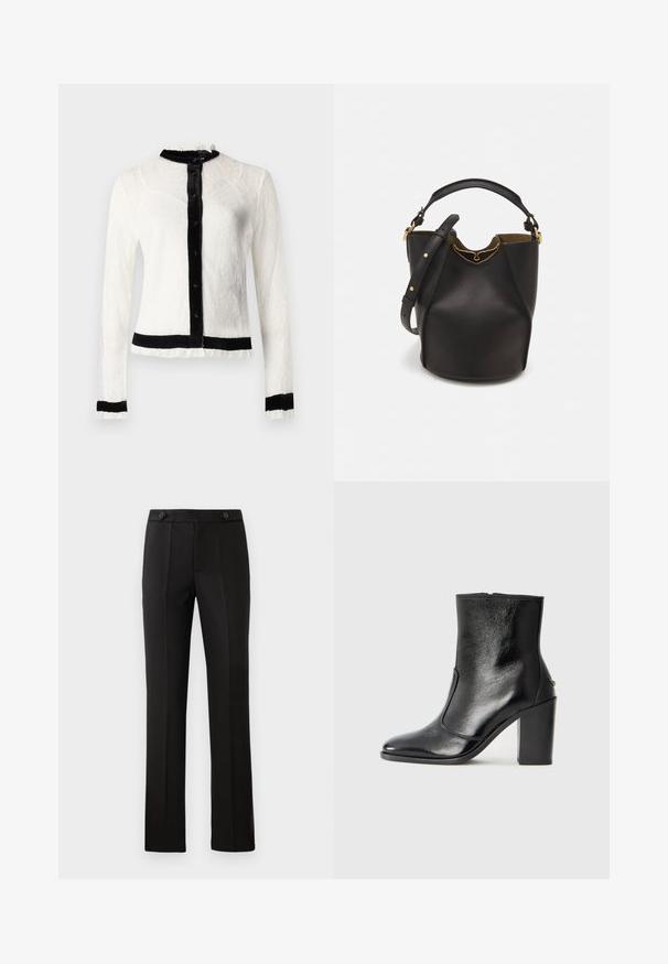 Blusa bianca in pizzo a maniche lunghe con collare in velluto nero e patta con bottoni; presenta bordi arricciati e una fascia in vita nera.; Pantaloni neri su misura con gamba dritta, due tasche frontali, chiusura con bottone e dettagli con pieghe sul davanti. Tessuto morbido.; Stivale alla caviglia in pelle nera, con una superficie liscia, punta affilata e tacco alto e massiccio. Presenta una apertura laterale e un design minimalista.; Borsa a secchiello in pelle nera con finitura testurizzata, dettagli in metallo dorato e apertura superiore. Presenta una maniglia corta e una tracolla regolabile.