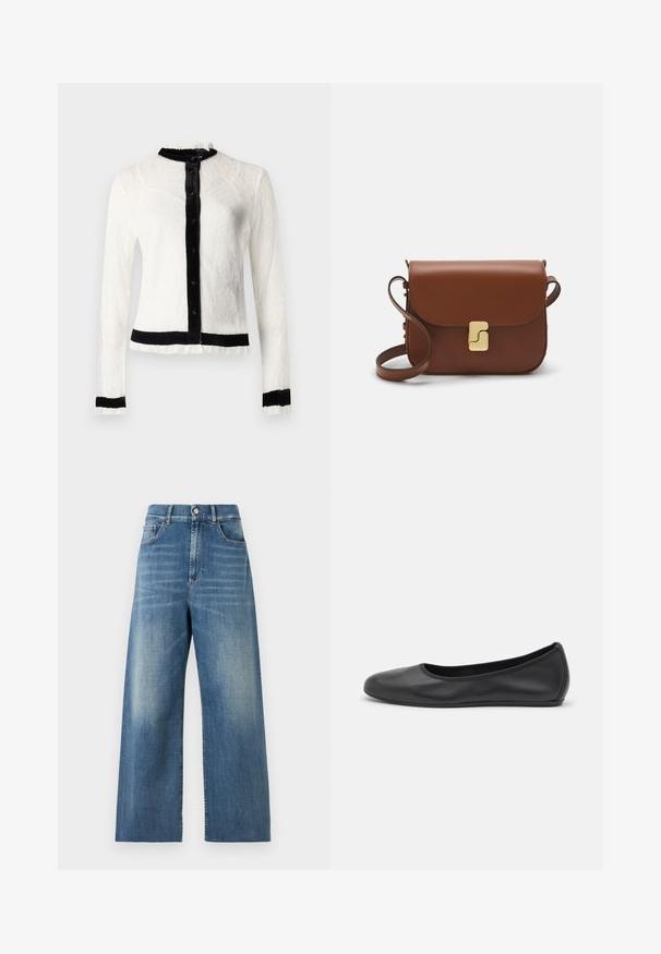 Weiße Spitzenbluse mit langen Ärmeln, schwarzem Samtkragen und Knopfverschluss; mit Rüschenkanten und einem festen schwarzen Taillenbund.; Hochtaillierte, weite Jeans aus blauem Denim mit einem verwaschenen Finish. Merkmale sind vordere Taschen und ein einfacher Knopfverschluss.; Schwarze Leder-Ballettschuhe mit abgerundeter Spitze, glatter Textur, minimalen Nähdetails und einem flexiblen Sohlen-Design.; Braune Ledertasche mit Klappenverschluss, Beschlägen in Goldfarbe, einem Schultergurt und einer glatten Oberfläche. Kompakte rechteckige Form.