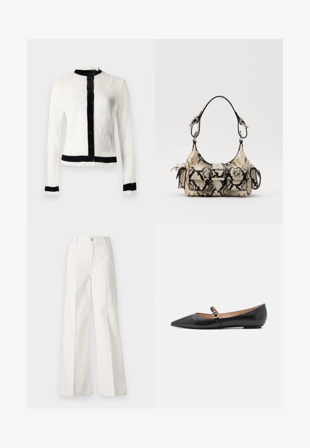 Balta mežģīņu blūze ar garām piedurknēm, melna samta apkakle un pogu slēgšana; ar viļņveida malām un vienkrāsainu melnu jostu.; Baltas platfita bikses, izgatavotas no kokvilnas ar gludu tekstūru. Aprīkotas ar priekšējo pogu, rāvējslēdzēju un četru kabatu dizainu.; Melnas ādas baleta kurpes ar norādīto pirkstu un sānu siksniņu, kurai ir apaļš zelta akcents. Vieglas ar plakanu zoli.; Python-print rokassoma bēšā un melnā krāsā ar strukturētu formu, sprādzi un divām plecu siksnām. Tekstūrēta virsma.