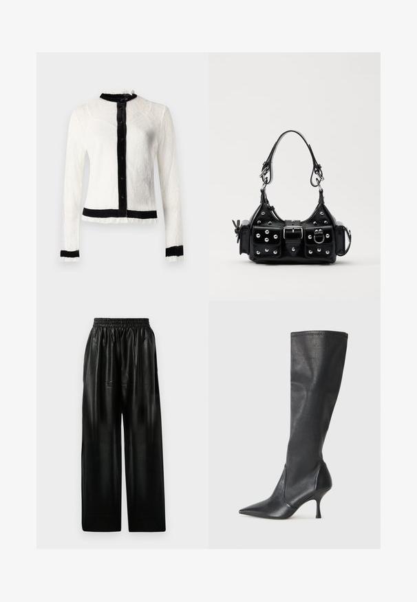 White lace long-sleeve blouse with black velvet collar and button placket; features ruffled edges and a solid black waistband.; Black leather wide-leg pants with an elastic waistband, featuring two side pockets and a smooth, shiny texture.; Knee-high black leather boots with a pointed toe and a slim stiletto heel. Smooth texture with a fitted design and stitching at the top edge.; Black leather handbag with a curved design, featuring silver studs, a buckle, and two side pockets. Adjustable strap for carrying options.