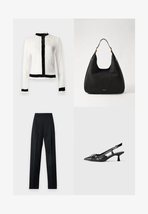 Biela čipkovaná blúzka s dlhým rukávom a čiernym zamatovým golierom a gombíkovou légou; má volánové okraje a pevnú čiernu pásovú časť.; Čierne nohavice vyrobené z hladkej látky s vysokým pásom, širokými nohavicami, prednými záhybmi a klasickými pútkami na opasok. Žiadne bočné vrecká nie sú viditeľné.; Čierne kožené slingback topánky s špicatou špičkou, ozdobnými popruhmi s kovovými očkami a nízkym blokovým podpätkom. Textúrovaný povrch.; MICHAEL Michael Kors NOLITA HOBO  - Kabelka - black