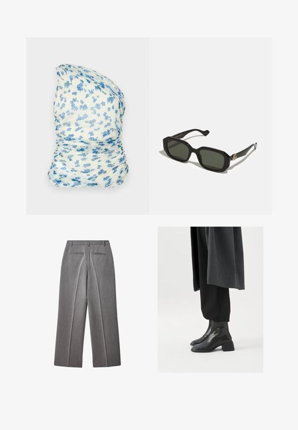 Gėlių raštuotas, kreminės spalvos audinys su mėlynomis gėlėmis, sugauktas dizainas, lengvas ir minkštas audinys, tinkantis aksesuarams ar drabužiams.; Samsøe Samsøe NOURA - Viršus - rose wine; Pilkos pritaikytos kelnės su lygia priekiu, tiesiomis kojomis, dviem užpakaliniais kišenėmis ir subtilia tekstūra.; Juodos odinės aulinukės su kvadratine pirštine ir masyviu kulnu, dėvimos su laisvomis juodomis kelnėmis ir tamsiai pilku paltu. Lygus paviršiaus tekstūra.; Juodos stačiakampės saulės akiniai su tamsiai žaliais lęšiais. Turi tvirtus, storus rėmus ir auksinius metalo akcentus šonuose.