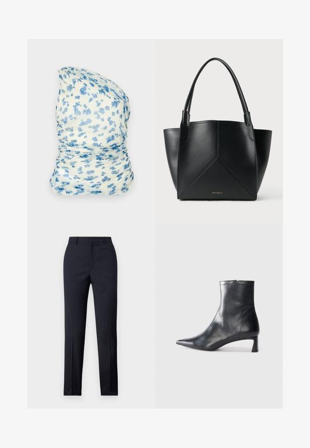 Tessuto di colore crema con motivo floreale, fiori blu, design arricciato, leggero e morbido al tatto, adatto per accessori o abbigliamento.; Pantaloni tailored blu navy a gamba dritta, caratterizzati da una texture liscia, due tasche frontali e una vita pulita.; Stivaletto in pelle nera con punta affusolata e design elegante. Presenta un tacco basso e una chiusura con zip sul retro. Texture liscia.; Borsa a tracolla in pelle nera con design geometrico, dotata di due manici e logo dorato sul davanti. Texture liscia e forma strutturata.