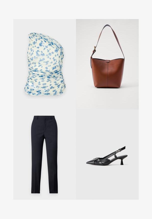 Lillelillelise, kreemikaalune kangas siniste lilledega, kortsuline disain, kerge ja pehme tekstuur, sobib aksessuaarideks või riieteks.; Tumed kohandatud püksid sirge lõikega, millel on sile tekstuur, kaks esist taskut ja puhas vöökoht.; Must must have must toote tõmblukuga, dekoratiivsed rihmad metallist silmadega ja madal blokk-kand. Tekstureeritud pind.; Pruun nahast õlakott, millel on kaarjas kuju, sile tekstuur ja üks õhuke rihm. Omab peent õmblust ja väikest logo detaili.