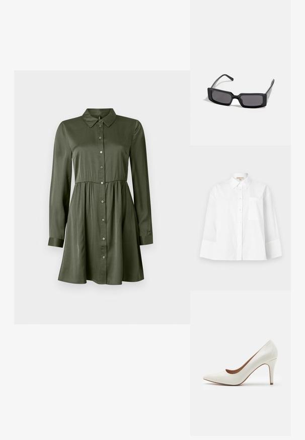 Biała koszula zapinana na guziki, wykonana z bawełny, z kołnierzykiem w kształcie ostrego rogu, długimi rękawami, kieszenią na piersi i luźnym krojem.; Zielona oliwkowa sukienka z długim rękawem, z zapięciem na guziki, dopasowana w talii, z kołnierzykiem, lekko rozszerzanym dołem i mankietami.; Białe lakierowane buty na wysokim obcasie z wysmuklonym noskiem i gładką powierzchnią, z cienkim obcasem i niskim krojem wokół otwarcia.; Czarne okulary przeciwsłoneczne z prostokątną oprawką, ciemnymi soczewkami i gładkim, błyszczącym wykończeniem. Posiadają cienkie zauszniki z subtelnym logo po boku.; Portfel na nadgarstek marki Michael Kors w beżowej, pokrytej płótnem, z powtarzającym się wzorem logo MK, złotym okuciem i odpinanym łańcuszkowym paskiem.; Złote metaliczne kolczyki o falistym wzorze; gładka, odblaskowa powierzchnia; asymetryczny kształt; brak widocznych wzorów lub elementów metalowych.