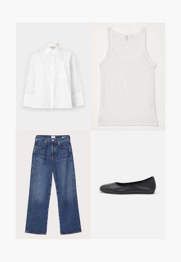 Balta krekliņa ar pogām, kas izgatavots no kokvilnas, ar norādītu apkakli, garām piedurknēm, krūšu kabatu un brīvu piegriezumu.; Balta bezpalakaina kreklveida blūze, izgatavota no mīksta, ribota auduma; ar plānām siksniņām un apaļu kakla izgriezumu, birka ar uzrakstu "FRAME".; Citizens of Humanity ANNINA - Džinsi ar taisnām starām - westwood dark indigo; Melna ādas baleta kurpe ar noapaļotu purngalu, gludu tekstūru, minimālu šuvju detalizāciju un elastīgu zoles dizainu.