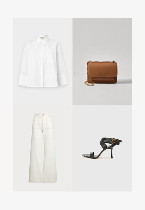 Weißes Button-up-Hemd aus Baumwolle mit einem spitzen Kragen, langen Ärmeln, einer Brusttasche und einem lockeren Schnitt.; Weite Jeans aus off-white Denim. Hoch tailliertes Design mit Knopfverschluss, zwei Fronttaschen und kontrastierenden Stickdetails.; Schwarze Absatzsandale mit gekreuzten Riemen und verstellbarem Schnallenverschluss. Sie verfügt über eine glatte Textur und einen schmalen Stiletto-Absatz.; Braune strukturierte Ledertasche mit goldener Kettenriemen und Klappenverschluss. Die Vorderseite zeigt ein Logo-Detail und eine Tasche unter der Klappe.