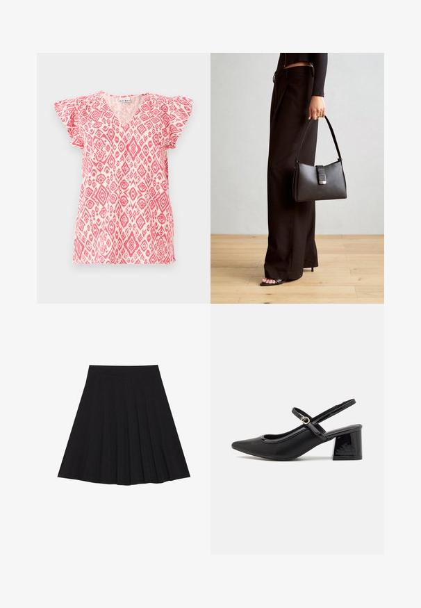 Lyhyet hihansuut, v-pääntie kevyessä kankaassa, jossa on vaaleanpunainen ja valkoinen timanttikuvio. Rypytetyt hihat lisäävät tekstuuria; rento istuvuus.; Musta taitettu hame, joka on valmistettu teksturoidusta kankaasta ja jossa on tiukka vyötärö. Laskeutuu polveen, ja siinä on suora ja siisti siluetti.; Musta lakattu nahka slingback-korkokengät, joissa on terävä kärki, pyöreä aukko-muotoilu ja lohkokorko. Varustettu kultasävyisellä solkiyksityiskohdalla.; Musta käsilaukku, jossa on rakenteellinen muoto, sileä pinta ja metallinen solki. Yhdistetty leveisiin mustiin housuihin ja avonaiheisiin sandaaleihin puulattialla.