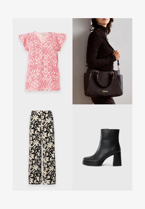 Top z krótkim rękawem i dekoltem w kształcie litery V, wykonany z lekkiego materiału, z różowo-białym wzorem diamentów. Falbaniaste rękawy dodają tekstury; luźny krój.; Czarne spodnie wide-leg z kremowym kwiatowym wzorem. Wykonane z lekkiego materiału, o gładkiej teksturze i wysokim staniku.; Czarne skórzane botki za kostkę z blokowym obcasem i platformą, widok z boku na białym tle.; Czarna torebka z teksturowanej powierzchni, podwójnymi uchwytami na górze i regulowanym paskiem na ramię. Posiada złote okucia i boczne kieszenie.