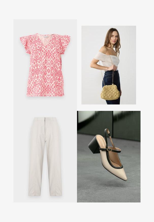 Lühikeste varrukate ja V-kaelusega pluus kergest fabrics, millel on roosa ja valge ruudumuster. Volangvarrukad lisavad tekstuuri; lõdva istuvusega.; Kreemivärvi püksid sirge jala disainiga, millel on eesmine voldik, kaks külgtaskut ja keskmise kõrgusega vöökohal.; Beesidega teravatoe slingback king, musta äär ja kuldne pandla, tummise plokk-kontsa peal hallil põrandal tumesinise tausta ees.; Kootud õlgedest käekott helesbeezis, millel on kaarjas kuju, lukuga sulgemine ja kullavärvi ketistraps. Tekstuuriga pind, millel on rombikujuline muster.