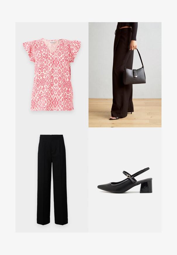 īsām piedurknēm, v-veida kakla izgriezuma tops no viegla auduma ar rozā un baltām rombu modeļiem. Rūtainās piedurknes piešķir tekstūru; brīvs piegriezums.; Melni plaši bikses ar gludu tekstūru, ar taisnu priekšpusi, krokām un pielāgotu jostasvietu. Nav redzamu aparatūras vai rakstu.; Melns patentēts ādas sandales ar norādīta pirksta formu, noapaļotu izgriezuma dizainu un bloķētu papēdi. Iezīmēta ar zelta toņa sprādzi.; Melnā somiņa ar strukturētu formu, gludu tekstūru un metālu sprādzi. Saskaņota ar platām melnām biksēm un sandālēm ar atvērtu purngalu uz koka grīdas.