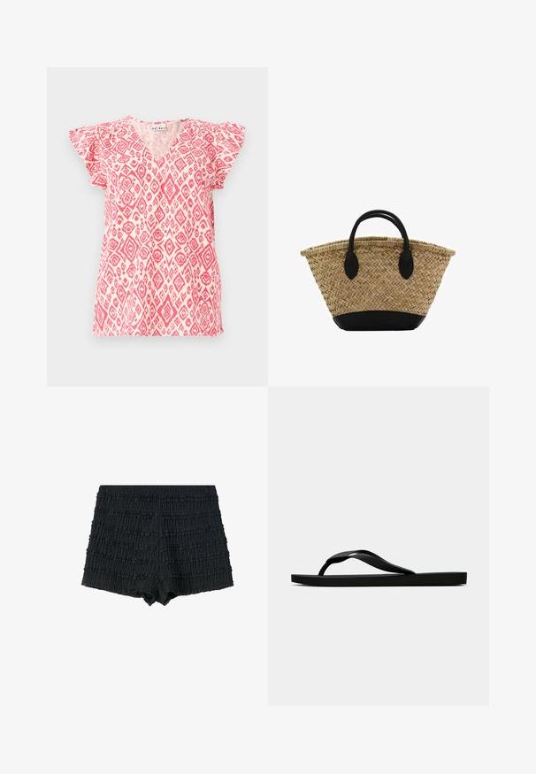 Top a maniche corte e scollatura a V in tessuto leggero con un motivo a rombi rosa e bianchi. Maniche arricciate per aggiungere texture; vestibilità rilassata.; Pantaloni corti neri in tessuto testurizzato e stropicciato, con rouches orizzontali e orlo scallop. Vita elastica per una vestibilità e comfort ottimali.; Infradito in gomma nera con cinturino testurizzato e suola piatta semplice, mostrati di lato su uno sfondo chiaro e uniforme.; Cesto di paglia intrecciata con una forma svasata, caratterizzato da una base e manici in pelle nera. Fibra naturale testurizzata con dettagli neri lisci.; Orologio Cluse quadrato con quadrante bianco, dettagli in oro e argento, e cinturino bimetallico con anelli alternati in oro e argento.