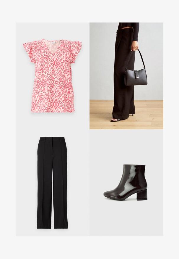 Rövid ujjú, V nyakú blúz könnyű anyagból, rózsaszín és fehér rombusz mintával. Ráncolt ujjai textúrát adnak; laza fazon.; Fekete nadrág egyenes szárú kialakítással, két elülső pliszével, derékpánttal, látható zsebek vagy díszítés nélkül.; Fekete lakkbőr bokacsizma hegyes orral és vastag sarokkal. Simás textúra finom fényű, letisztult vonalakkal, minimalista design.; Fekete kézi táska strukturált formával, sima textúrával és fémből készült záródással. Széles fekete nadrággal és nyitott orrú szandállal párosítva, fából készült padlón.