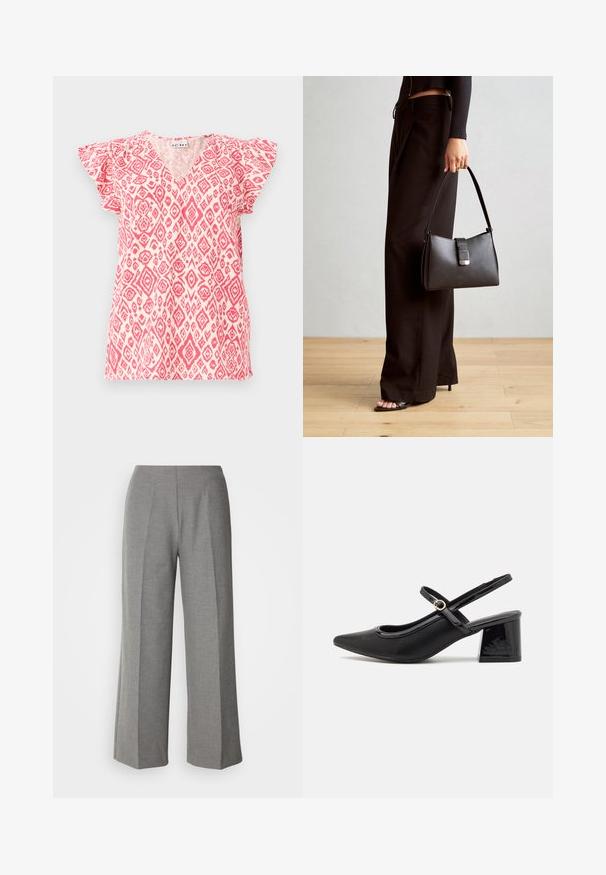 Kortärmad, v-ringad topp i lätt tyg med ett mönster av rosa och vita diamanter. Volangärmar ger textur; avslappnad passform.; Grå skräddarsydda vida byxor med en slät yta, som har en platt front och skarpa vecklinjer på varje ben.; Svarta lackläder slingback-klackar med spetsig tå, en rundad utskärning och en blockklack. Utsmyckad med en spänne i guldton.; Svart handväska med strukturerad form, slät yta och metallspänne. Matchad med vida svarta byxor och sandaler med öppen tå på trägolv.