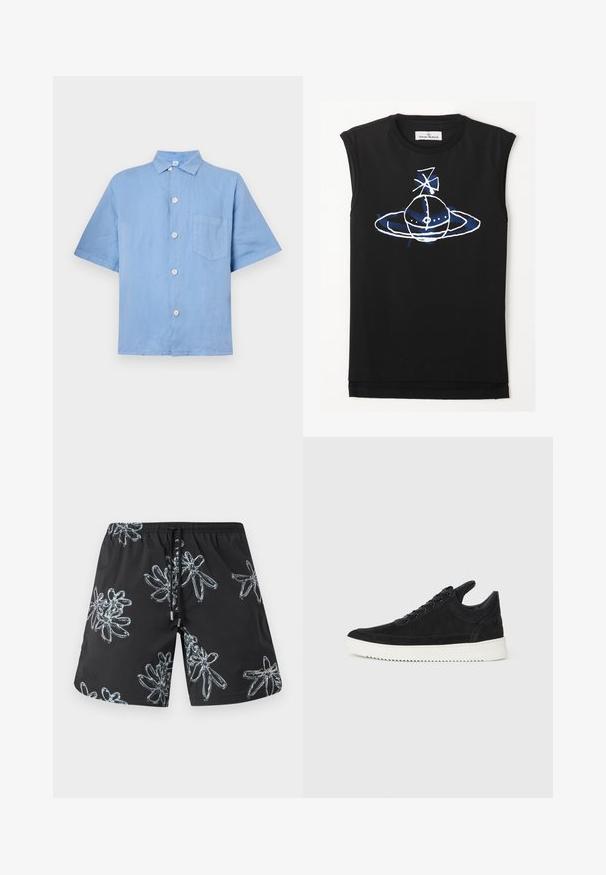 Lichtblauw hemd met korte mouwen van linnen, met een knoopsluiting aan de voorkant, een puntige kraag en een enkele borstzak. Glad textuur.; Zwarte mouwloze top met een blauw-wit grafisch ontwerp van een planeetachtige figuur met ringen en satellietelementen. Zacht katoenen materiaal.; Zwarte zwembroek met een glanzend bloemenpatroon in lichtgrijs. Elastische tailleband met trekkoord en logo-detail aan de onderkant aan de rechterzijde.; Zwarte suède sneakers met een witte rubberen zool, voorzien van tonale stiksels en een vetersluiting. Glad oppervlak met een moderne, gestroomlijnde vorm.