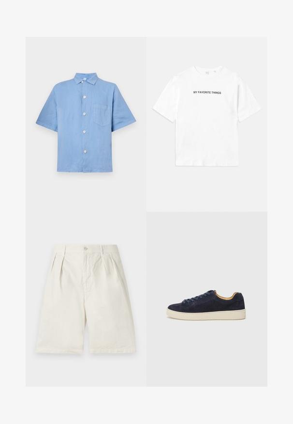 Camisa de manga corta azul claro hecha de lino, con cierre de botones en la parte delantera, cuello puntiagudo y un bolsillo en el pecho. Textura suave.; Camiseta blanca de algodón con mangas cortas y cuello redondo, con el texto "MIS COSAS FAVORITAS" impreso en negro en la parte delantera y trasera.; Pantalones cortos de algodón beige con pliegues en el frente, bolsillos laterales y cierre de botón. La tela tiene una textura suave y una forma ajustada.; Zapatillas bajas de ante azul marino con punta redondeada, suela de goma color marfil y cordones a juego; cuenta con un forro interior en contraste color marrón.