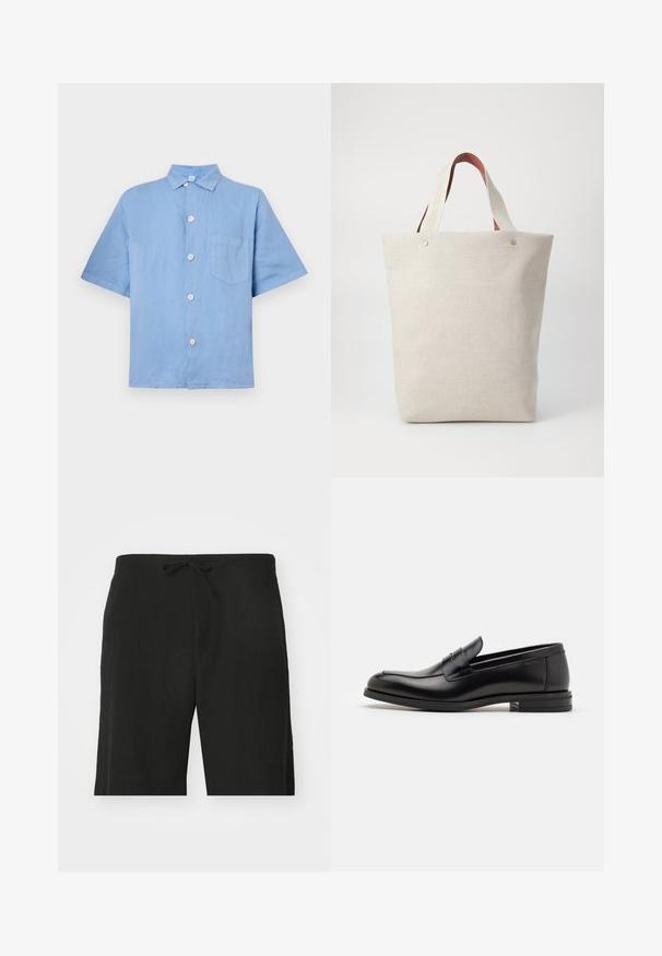 Világoskék, rövid ujjú vászoning, gombos elülső résszel, hegyes gallérral és egyetlen mellzsebbel. Simább textúra.; Fekete lenvászon rövidnadrág, húzózsinórral a deréknál, laza szabású és térd alatt végződő kialakítással. Simaság, egyszerű és klasszikus stílus.; Fekete bőr loaferek sima textúrával, kerek orral és dekoratív pánttal a vampnál. Alacsony, rétegelt sarkú, minimalista dizájn.; Világos bézs szövetből készült tote táska textúrázott felülettel, két kontrasztos barna bőrkarral és fém kiegészítőkkel a tetején.