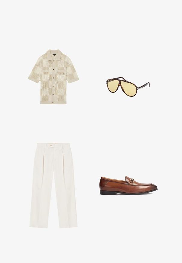 Cămașă bej cu mânecă scurtă, tricotată cu un model de plasă în carouri. Are guler, două buzunare frontale și nasturi maro. Textură moale.; Pantaloni albi, cu croi larg, cu pliuri în față, sistem de închidere cu un singur nasture și buzunare laterale. Textură netedă și design atent măsurat.; Loafers din piele maro, cu vârf rotund, detalii cusute și un accent decorativ din metal pe față. Talpă din cauciuc.; Ochelari de soare tortoishell cu lentile galbene. Formă aviator cu punte dublă și accente metalice. Suprafață netedă și design elegant.; Ceas rectangular rose gold cu un cadran alb, markerii de oră minimalisti și un brățară metalică cu lănțișor. Dispune de o coroană pe partea dreaptă.