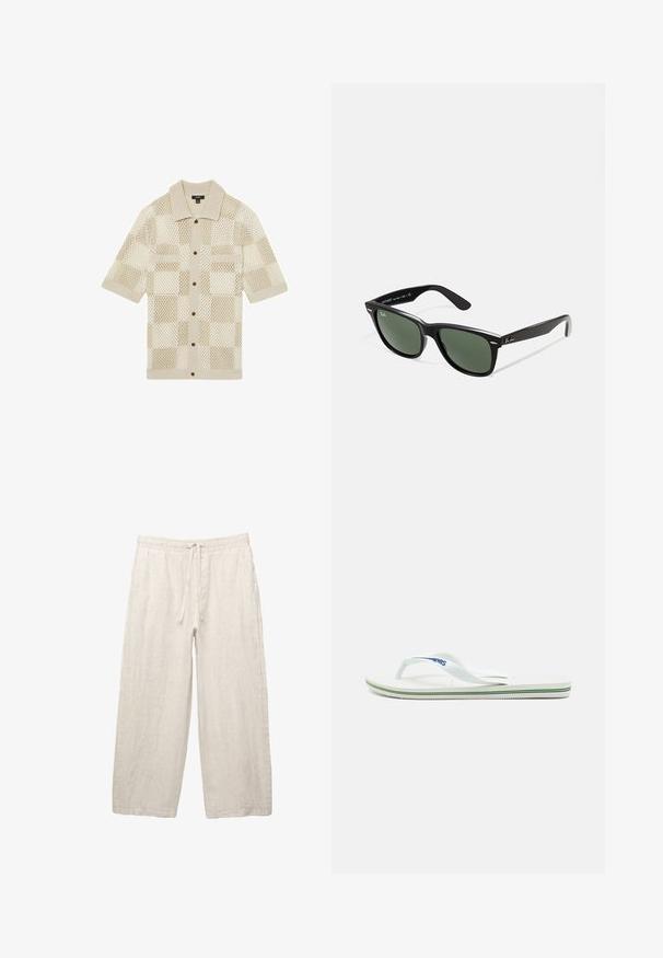 Beige kortärmad skjorta, stickad med ett rutigt nätmönster. Har en krage, två framfickor och bruna knappar. Mjuk textur.; Linnebyxor i ljusbeige, med resårmidja och dragsko, vid bendesign och sidofickor. Slät textur.; Vita flip-flop med en texturerad fotbädd, smala remmar och en flerfärgad accentlinje på sulan. Har logotyp på remmen.; Svarta plastsolglasögon med gröna linser, fyrkantiga bågar, silverdetalj på ögonbrynet och texturerade skalmar. Angiven märkning på den inre skalmen.