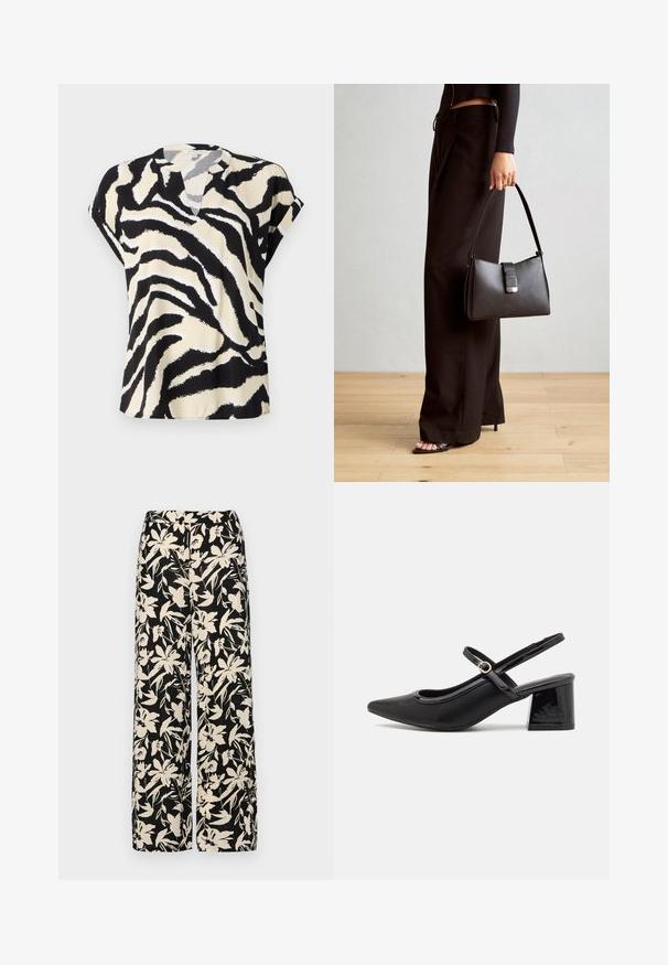 Top de manga corta en tejido ligero con un patrón de cebra en negro y crema, con un sutil escote en V y corte holgado.; Pantalones de pierna ancha negros con un patrón floral crema. Fabricados en un tejido ligero, con una textura suave y una cintura alta.; Tacones slingback de charol negro con punta afilada, un diseño de corte redondeado y tacón bloque. Incluye un detalle de hebilla en tono dorado.; Bolso negro con forma estructurada, textura suave y un cierre metálico. Combinado con pantalones anchos negros y sandalias de dedo en un suelo de madera.
