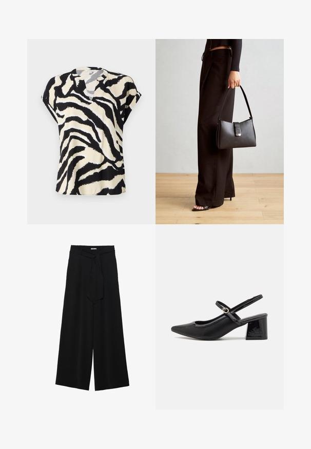 Short-sleeve top in lightweight fabric featuring a black and cream zebra pattern, with a subtle V-neck and loose fit.; Black wide-leg pants featuring a textured fabric, an elastic waistband, and a detachable sash tie at the waist for adjustable fit.; Black patent leather slingback heels with a pointed toe, a rounded cutout design, and a block heel. Features a gold-tone buckle accent.; Black handbag with structured shape, smooth texture, and a metallic clasp. Paired with wide black pants and open-toe sandals on wooden floor.
