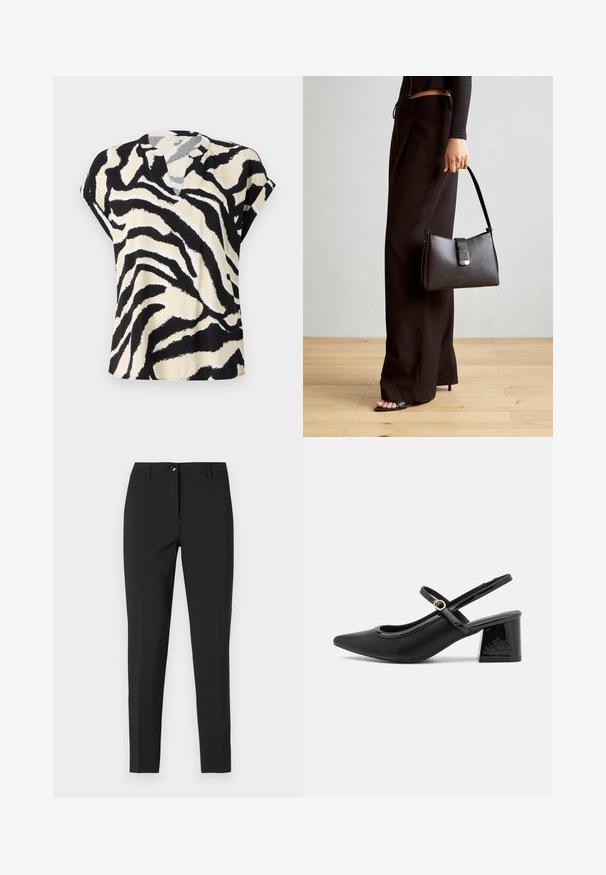 T-shirt à manches courtes en tissu léger, présentant un motif zèbre noir et crème, avec un col en V subtil et une coupe ample.; Pantalons noirs ajustés en tissu lisse, avec une taille classique, une fermeture éclair sur le devant et des poches latérales au design élégant et sur mesure.; Escarpins slingback en cuir verni noir avec un embout pointu, un design à découpes arrondies et un talon carré. Présente un accent de boucle en ton doré.; Sac à main noir à la forme structurée, texture lisse et fermoir métallique. Associé à un pantalon noir ample et des sandales ouvertes sur un sol en bois.