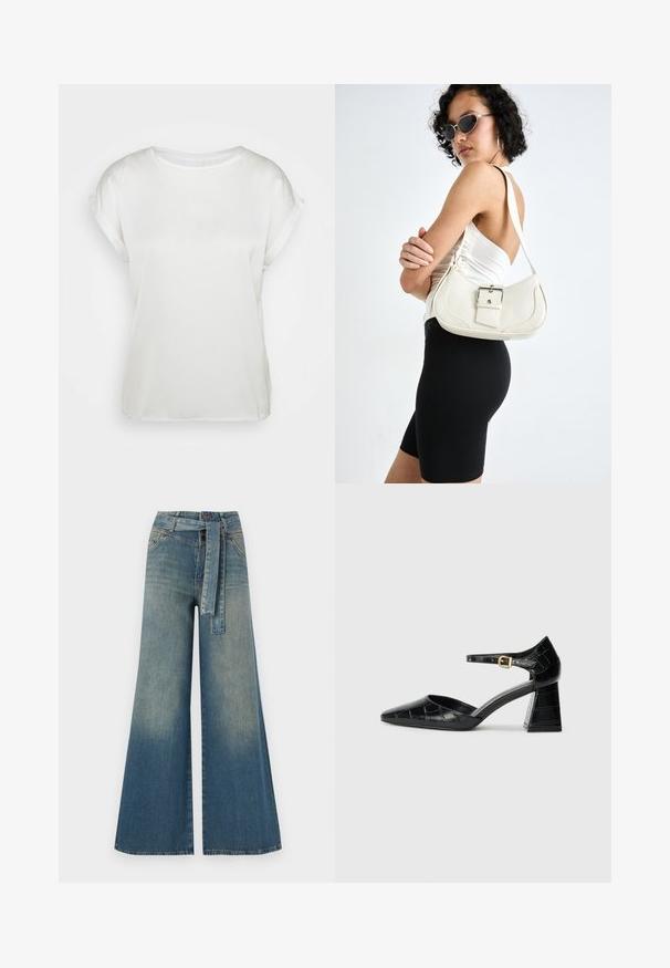Bílé saténové triko s krátkým rukávem a kulatým výstřihem. Hladký povrch a volný střih. Ohrnuté manžety dodávají jemný detail. Minimalistický design.; Džínové kalhoty širokého střihu s přechodem od světlé k tmavě modré, vysokým pasem, poutky na opasek a odpovídajícím opaskem ze stejného materiálu. Texturovaná džínovina.; Černá laková kožená lodička na vysokém podpatku s špičatou špičkou, kotníkovým páskem a texturovaným krokodýlím vzorem. Design čtvercového bloku podpatku.; Bílá kožená kabelka s křivkovým tvarem, nastavitelným popruhem a malým detailem přezky. Model nosí těsné černé oblečení.