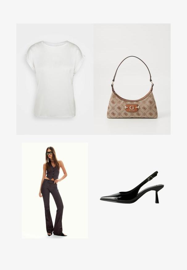 Bela satenasta majica s kratkimi rokavi in okroglim izrezom. Gladka tekstura in ohlapen kroj. Zasukani manšeti dodata subtilno podrobnost. Minimalističen dizajn.; Rjav prugast brezrokavnik in široke hlače, ki sta okrašeni z gumbi in teksturirano tkanino. Črne sandale z odprtimi prsti in oversize sončna očala.; Črne lakirane slingback čevlje s koničastim nosom, izrezanimi stranicami, nastavljivim gležnjarjem in tankim, elegantnim peto.; Torba iz bež tkanine z rjavimi vzorčenimi detajli. Ima ukrivljeno obliko, en sam ročaj in spredaj logotipno ploščico s srebrnim okovjem.