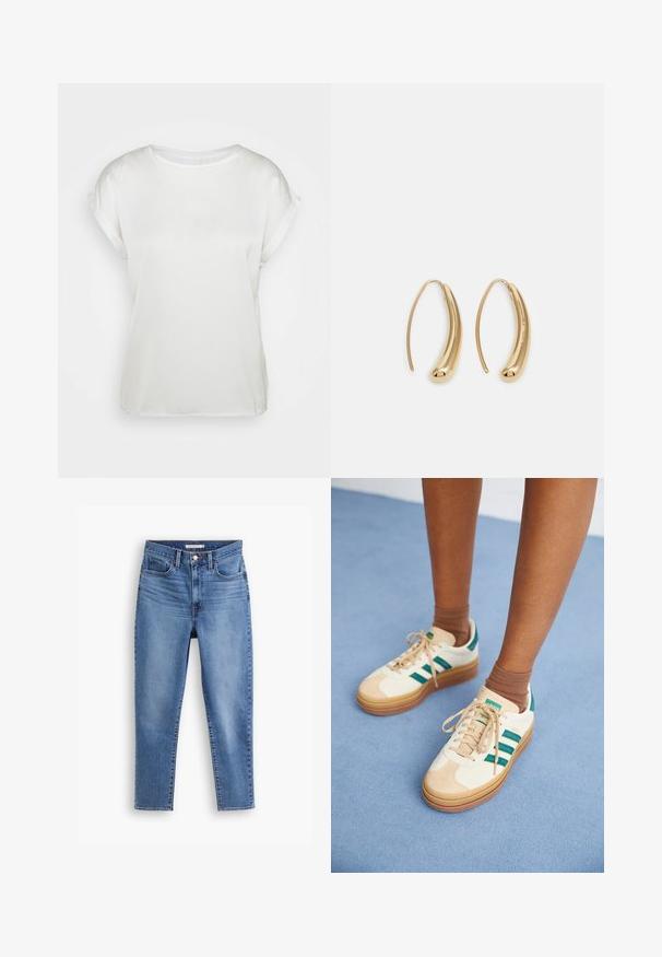 Fehér selyem rövidujjú felső kerek nyakkivágással. Sima textúra és laza szabás. Felgöngyölt ujjak finom részletet adnak. Minimalista dizájn.; Kék, magas derekú női farmernadrág elülső gombbal és cipzárral, övhurkokkal és öt zsebes kialakítással, fehér háttér előtt.; Beige sportcipő sötétzöld csíkkal, gumitalppal, bőrből és textilből készült felső résszel, semleges színű kiegészítőkkel, barna zoknival egy világoskék felületen.; Aranyszínű fémből készült karika fülbevalók ívelt, hosszúkás formával. Simaságával és fényes felületével, valamint lekerekített végével további részletekkel bővül.