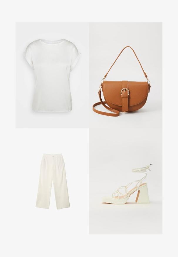 Top corto bianco in satin con collo rotondo. Texture liscia e vestibilità ampia. Le maniche arrotolate aggiungono un tocco delicato. Design minimalista.; Pantaloni a gamba larga in tessuto crema con una texture liscia, caratterizzati da un singolo bottone frontale, pieghe sottili e un design a vita alta.; Sandalo bianco con tacco alto, caratterizzato da un design a cinturini e un legaccio alla caviglia. Texture liscia con una piattaforma frontale per un'altezza aggiuntiva.; Borsa a tracolla in pelle marrone con forma curvata, hardware dorato e un dettaglio con fibbia. Presenta una tracolla rimovibile.