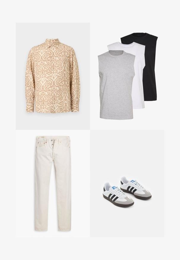 Bežinė marškinė su kreminiu damasku, ilgomis rankovėmis, smailiu apykakle ir laisvu prigludimu.; Trys beblauzdžiai marškiniai pilkos, baltos ir juodos spalvų. Minkšta medvilnės medžiaga, apvaliu iškirpimu ir laisvu siluetu. Paprastas dizainas, be raštų.; Off-white aukštos juosmens siauri džinsai su sagčių užsegimu, penkiomis kišenėmis ir variniais išvaržais, išdėstyti ant balto fono.; Sportiniai batai su balta odine viršutine dalimi, pilku zomšiniu priekiu ir trimis juodomis juostelėmis. Ant liežuvio yra mėlynas logotipas, o padas pagamintas iš tekstūruoto gumos.