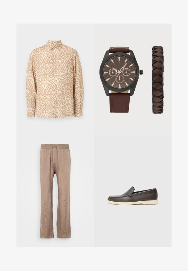 Cămașă bej cu nasturi, având un model damasc crem, mâneci lungi, guler ascuțit și o textură lejeră.; Pantaloni largi de culoare maro deschis, confecționați dintr-un material neted, având o talie elastică cu șnur și două linii de pliuri în față.; Pantofi slip-on din piele maro, cu o suprafață texturată și o talpă contrastantă de un bej deschis, având vârful rotund și detalii de cusătură minime.; Pier One SET - Ceas de mână - black/brown