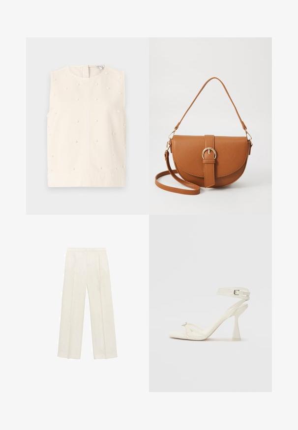 Sleeveless cream top with a round neckline, textured fabric, embellished with small round pearl accents. Features a back zipper closure.; Wide-legged trousers in a light cream color. Made from a smooth fabric with pleats at the front and side pockets.; Strappy high-heeled sandal in white leather with a sleek design, a transparent block heel, and a decorative element at the toe.; Brown leather crossbody bag with a curved shape, gold hardware, and a buckle accent. Features a detachable shoulder strap.