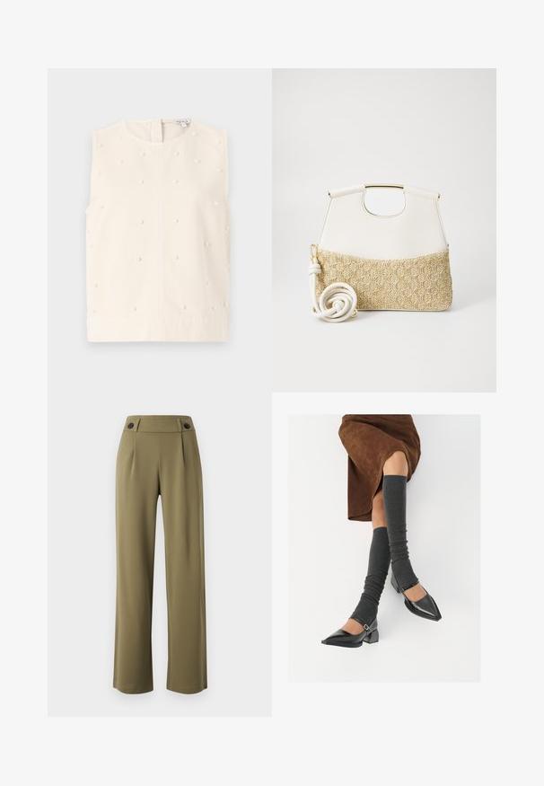 Hihaton kermahiha, pyöreä kaula-aukko, teksturoitu kangas, jossa on pieniä pyöreitä helmiakseliväriä koristeita. Takana vetoketjusuljin.; Oliivinvihreät, leveälahkeiset housut korkealla vyötäröllä, joissa on kaksi mustaa nappia vyötäröllä ja etupleatsit. Sileä kangas.; Musta lakattu nahkakengät teräväkärkisillä, leveällä kantapäällä ja nilkkahihnalla, yhdistettynä harmaisiin ribattuihin säärystimiin ja ruskeaan mokkasiinimekkoon.; Valkoinen nahkalaukku, jossa on teksturoitu kermaisen värinen kudotun kankaan pohja. Varustettu kultasävytteisellä kahvalla ja kierretyllä valkoisella hihnalla monikäyttöisyyden vuoksi.