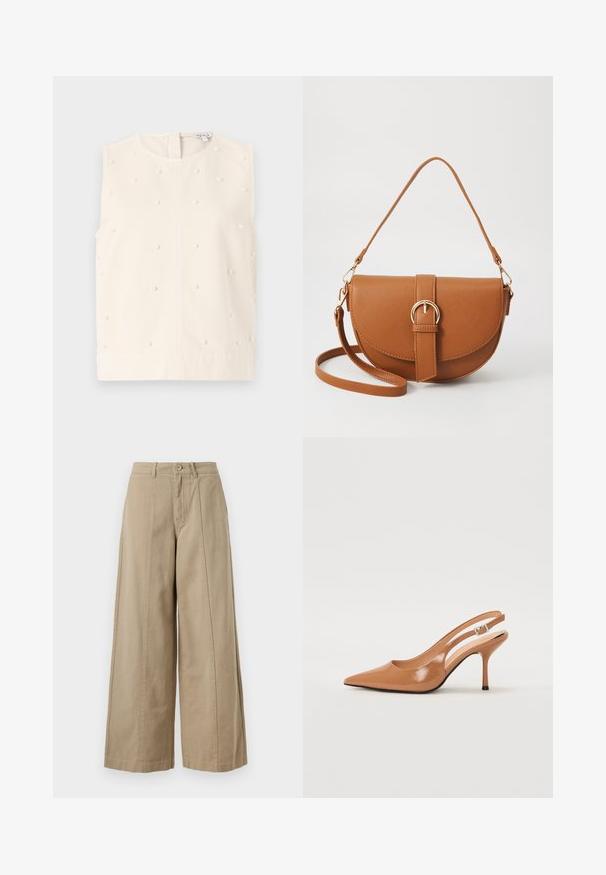Sleeveless cream top with a round neckline, textured fabric, embellished with small round pearl accents. Features a back zipper closure.; Beige wide-leg trousers made of sturdy cotton, featuring a button closure, belt loops, and clean front pleating with no visible pockets.; Pointed toe slingback heel in a smooth, glossy tan material. Features a curved cutout design and a slender stiletto heel. Silver buckle detail.; Brown leather crossbody bag with a curved shape, gold hardware, and a buckle accent. Features a detachable shoulder strap.