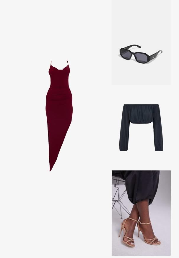 Blusa nera scollata sulle spalle con maniche lunghe arricciate e busto sagomato, realizzata in tessuto leggero con una superficie liscia.; Abito aderente bordeaux con spalline sottili, dotato di una spacco laterale e dettagli arricciati in vita, realizzato in tessuto elasticizzato.; Sandali con tacco beige decorati con cristalli, caratterizzati da una punta aperta, sottili cinturini e un silhouette elegante.; Occhiali da sole neri con montatura ottagonale, lenti scure, materiale plastico lucido e un accento con logo argento su un lato.; Wristlet Michael Kors in tela rivestita beige con motivo a logo MK ripetuto, hardware dorato e tracolla a catena staccabile.