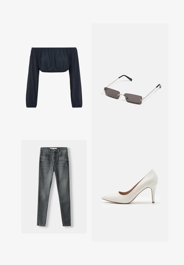 Sort off-the-shoulder bluse med lange, samlede ærmer og en cinchet liv, lavet af letvægtsstof med en glat tekstur.; Mørkegrå denimjeans med slim-fit design, fem lommer, frontknaplukning og subtile falmningdetaljer.; Hvide patentlæder højhælede sko med spids tå og en glat overflade, der har en slank hæl og en lav skæring omkring åbningen.; Solbriller med rektangulære, mørke grå linser, sølv metalrammer og sorte plastiks spidser på stængerne. Letvægtsdesign med næsepuder.; Michael Kors håndleddstropp i beige belagt lær med et gentaget MK-logo mønster, guld hardware og en aftagelig kædestrop.