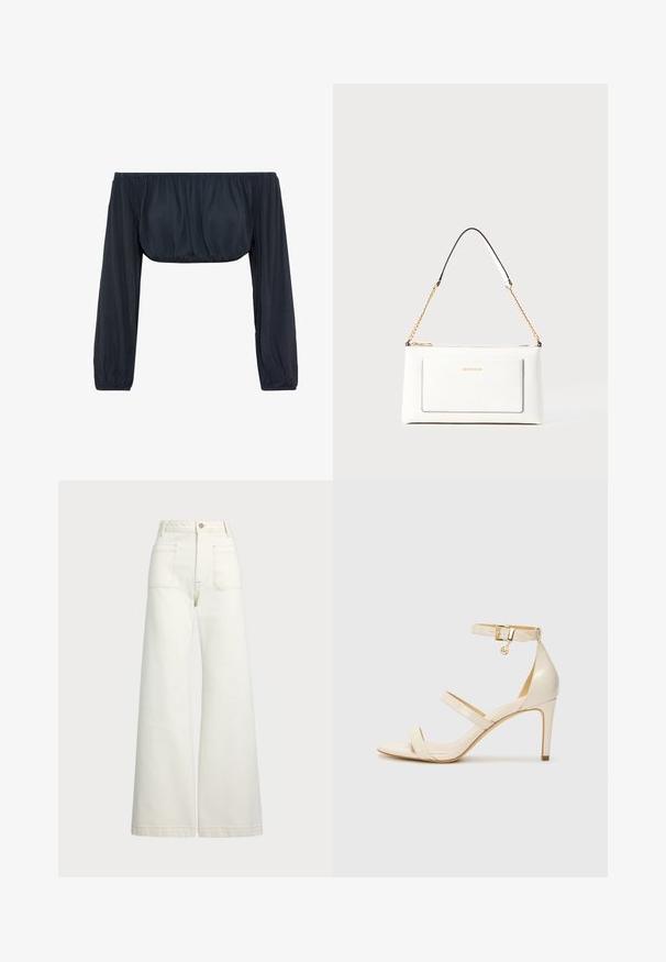 Õla pealt avatud must blousee, millel on pikad, kogutud varrukad ja vööditatud rinnaosa, valmistatud kergetest kangast, millel on sile tekstuur.; Laiad teksad heledast denimist. Kõrge vöökoht, nööbivöö, kaks esikotitäit ja kontrastsed õmblused.; Bežid kõrge kontsaga sandaalid koos õhukese pahkluu rihmaga ja kahe ülemise rihmaga. Läikiv lakkviimistlus ja kuldne detail pahkluurihmadel.; Valge nahast kott tekstureeritud viimistlusega, millel on kuldne kettling ja mustad aktsendid. Include eesmine tasku ja tõmblukk.
