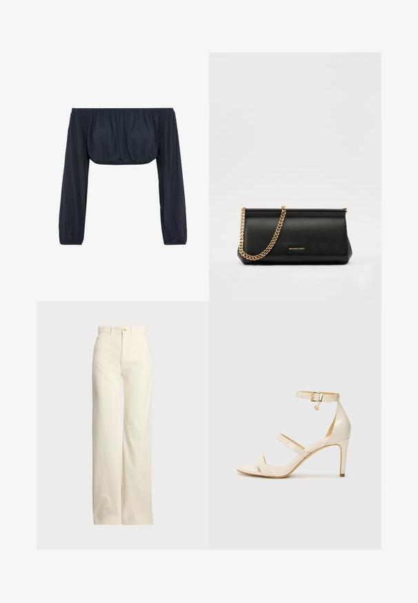 Schwarze Off-Shoulder-Bluse mit langen, gerafften Ärmeln und taillierter Taille, aus leichtem Stoff mit glatter Textur.; Polo Ralph Lauren COTTON CORDUROY WIDE-LEG PANT - Stoffhose - warm white; Beige High Heels Sandalen mit dünnem Knöchelriemen und zwei oberen Riemen. Glänzende Lackoberfläche und goldene Hardware-Details am Knöchelriemen.; Schwarze Leder-Clutch mit einer goldenen Ketten-Trage, die eine glatte Oberfläche, rechteckige Form und geprägtes Branding auf der Vorderseite aufweist.
